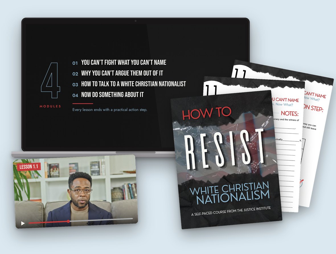 Course materials: video lessons on screen, Dr. Tisby teaching, and the printable workbook.